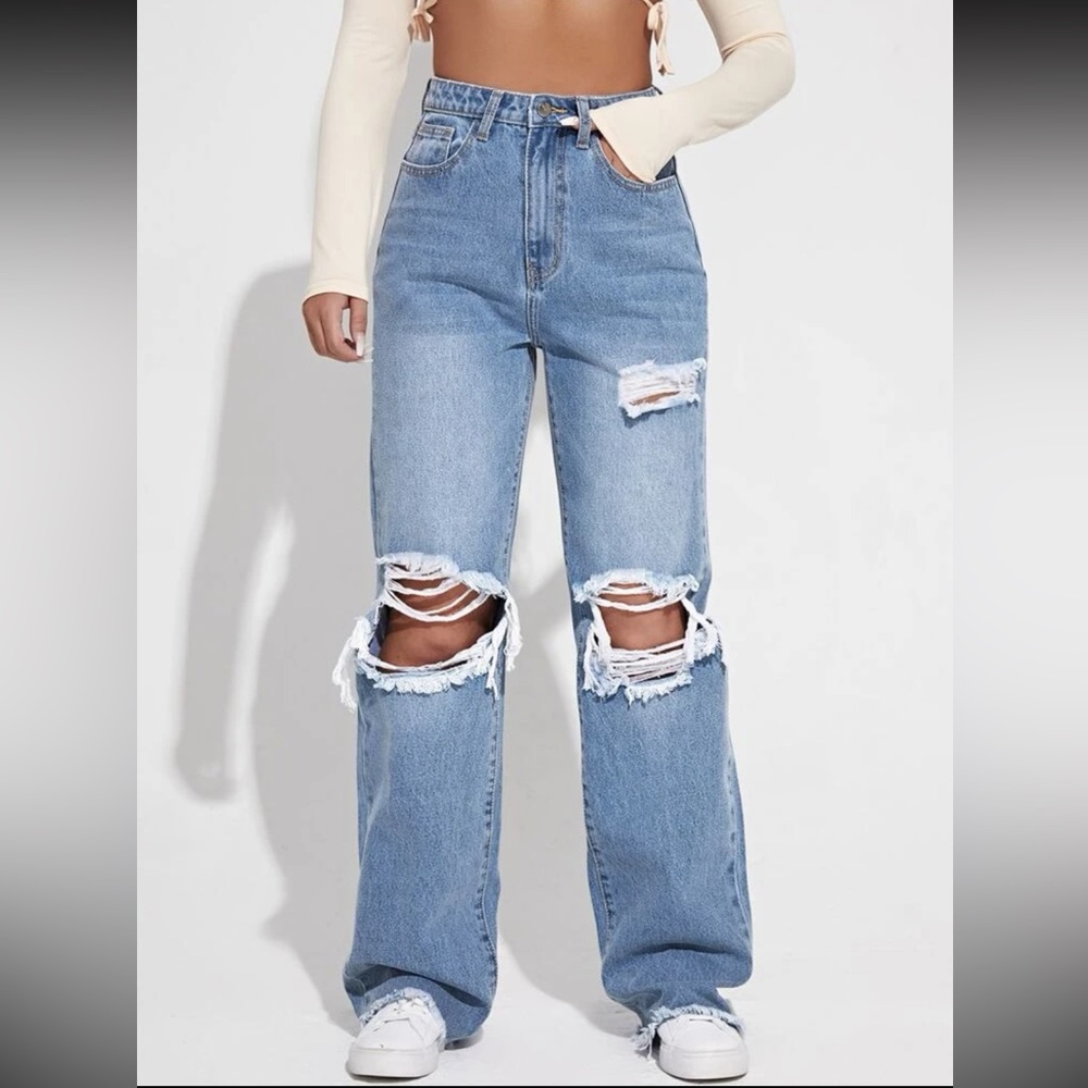 SHEIN Ripped Cutout Wide Leg Jeans Light Wash